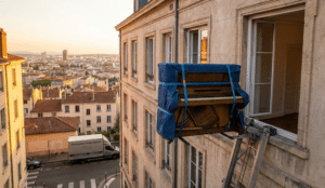 Déménagement spectaculaire d'un piano droit par monte-meubles extérieur, entrant par la grande fenêtre d'un appartement Canut historique à Lyon Croix-Rousse, avec vue sur la ville.