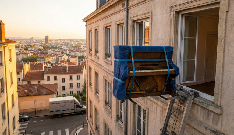 Déménagement spectaculaire d'un piano droit par monte-meubles extérieur, entrant par la grande fenêtre d'un appartement Canut historique à Lyon Croix-Rousse, avec vue sur la ville.