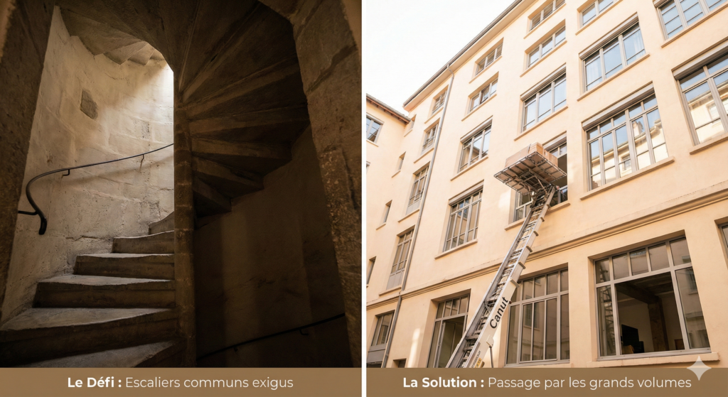 Montage photo illustrant le défi d'un escalier en colimaçon exigu en pierre dans un Canut et la solution alternative du passage par fenêtre avec un monte-charge extérieur à Lyon.