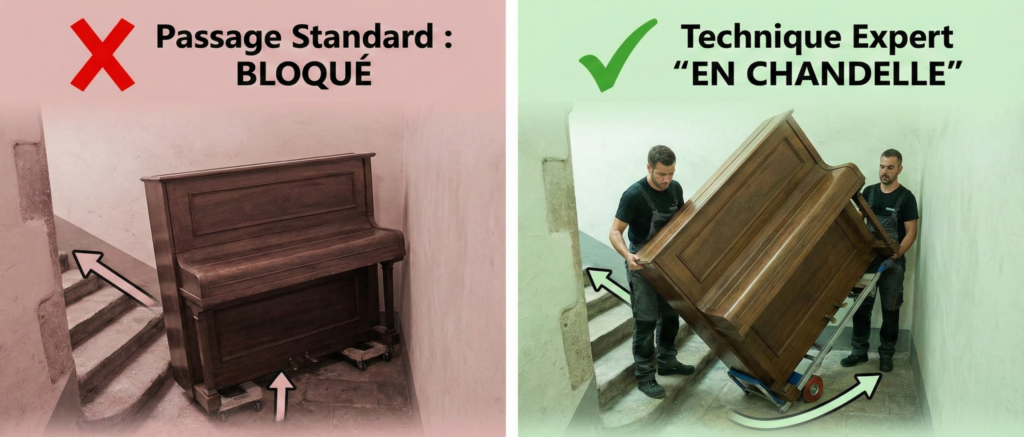 Infographie comparative montrant l'échec d'un transport de piano à plat versus la réussite de la technique professionnelle du "passage en chandelle" (piano à la verticale) dans un escalier tournant et étroit typique de Lyon.